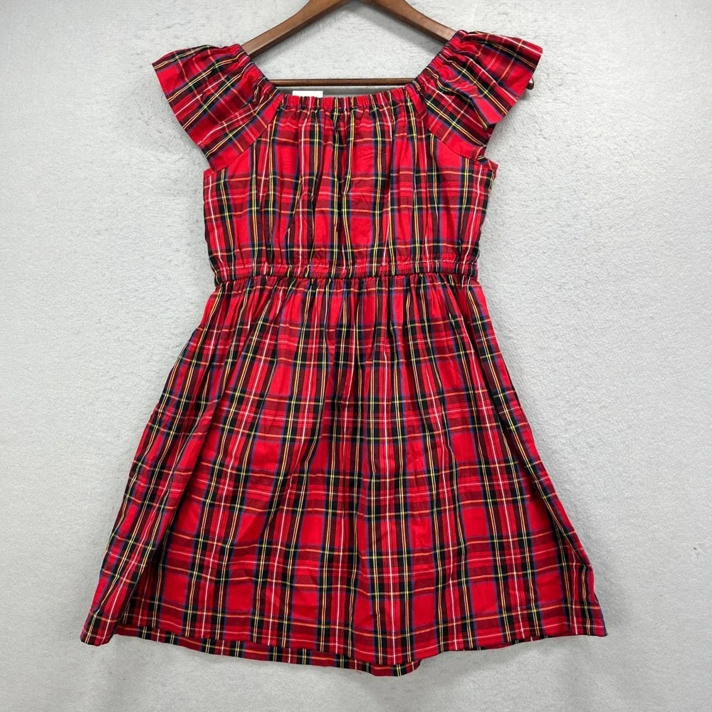 Crewcuts Plaid Dress Girl 12 Red Tartan Ruched Velvet Bow Holiday Festive Preppy
